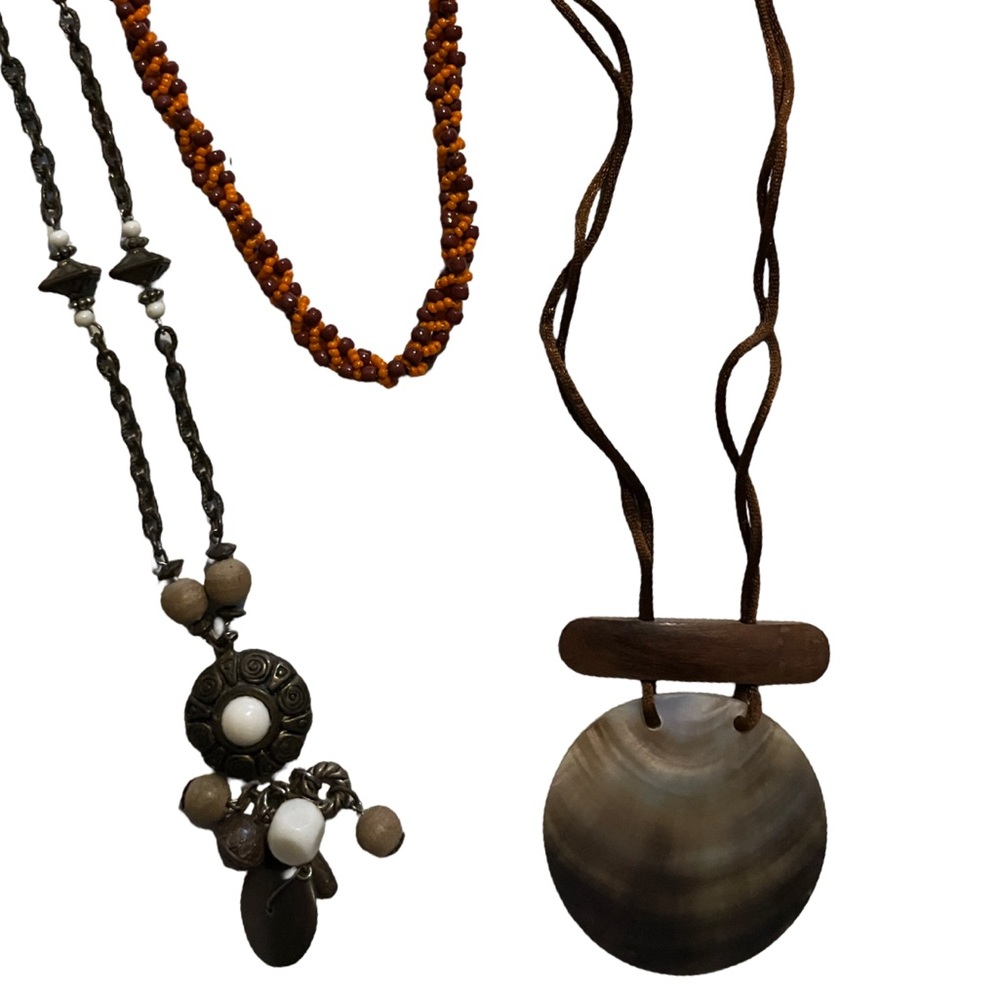 3 beachy boho necklaces rustic earthy,woven sea bead,mother of pearl vintage Y2K